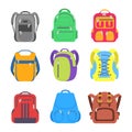 Set school backpack, sport and travel bag different shape flat icon